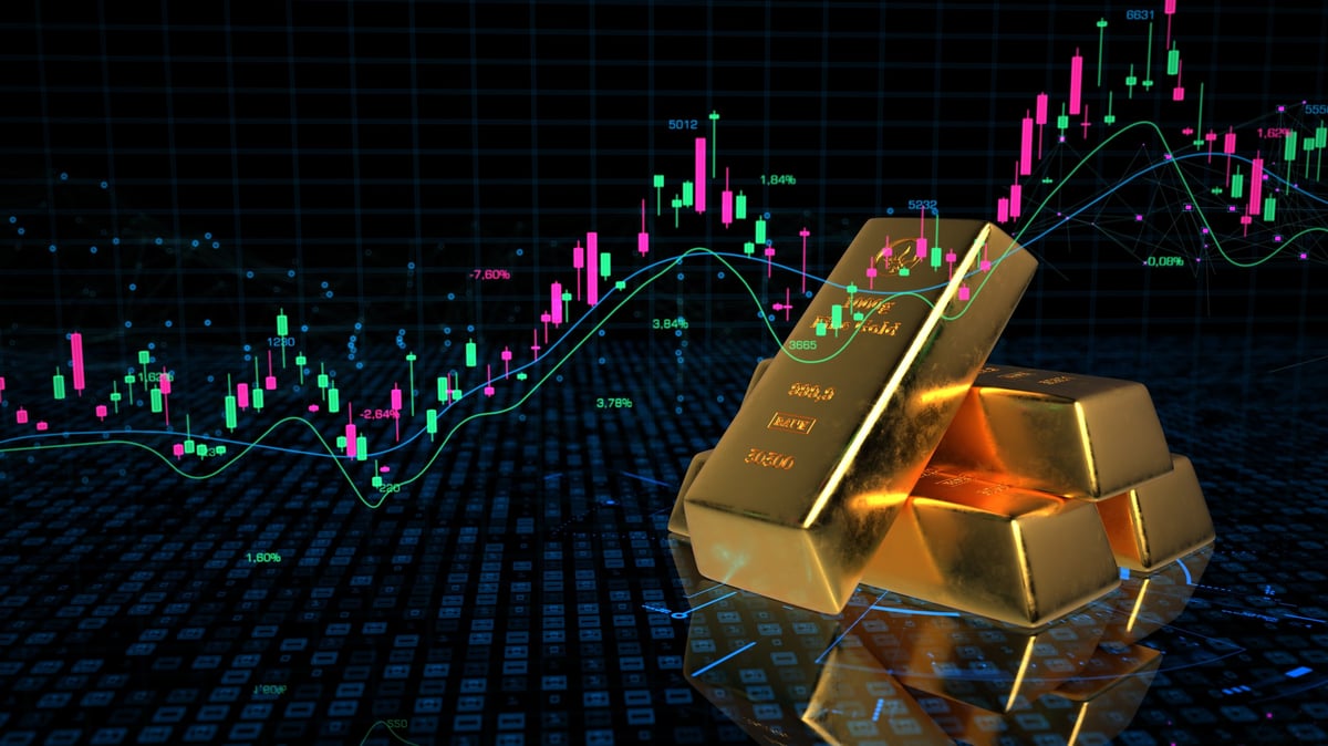 A 3D illustration of gold trading with gold bars and a candlestick chart.